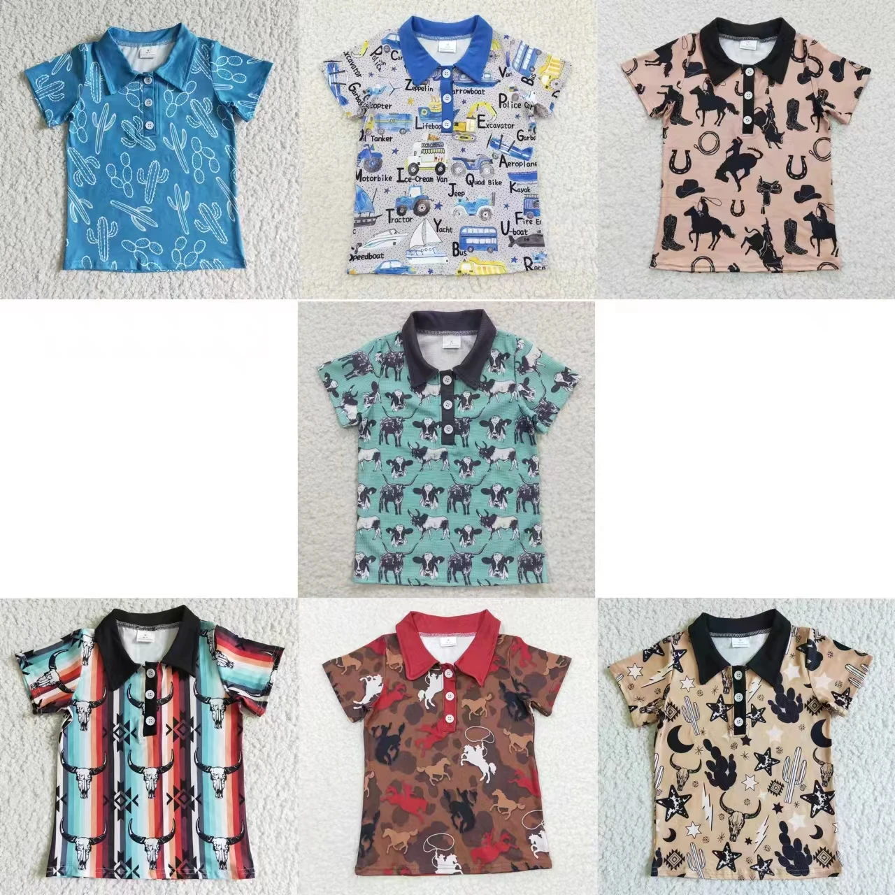 

Wholesale Children Infant Western Short Sleeves Polo Shirt Set Baby Boy Toddler Kid Cow Print Lapel Button Top Summer Clothing