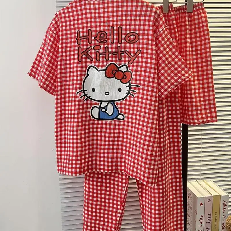 

Sanrio Pajamas 3Pcs Hello Kitty Cloud Cotton Red Plaid Short Sleeve Summer New Style Student Girl Cartoon Shorts Home Clothes