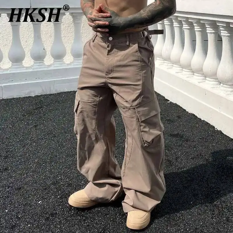 

HKSH Men's Tide Trend Craft Straight Cargo Pants New Maillard Solid Color Slim Multi Pocket Fashion Safari Style Overalls HK3345