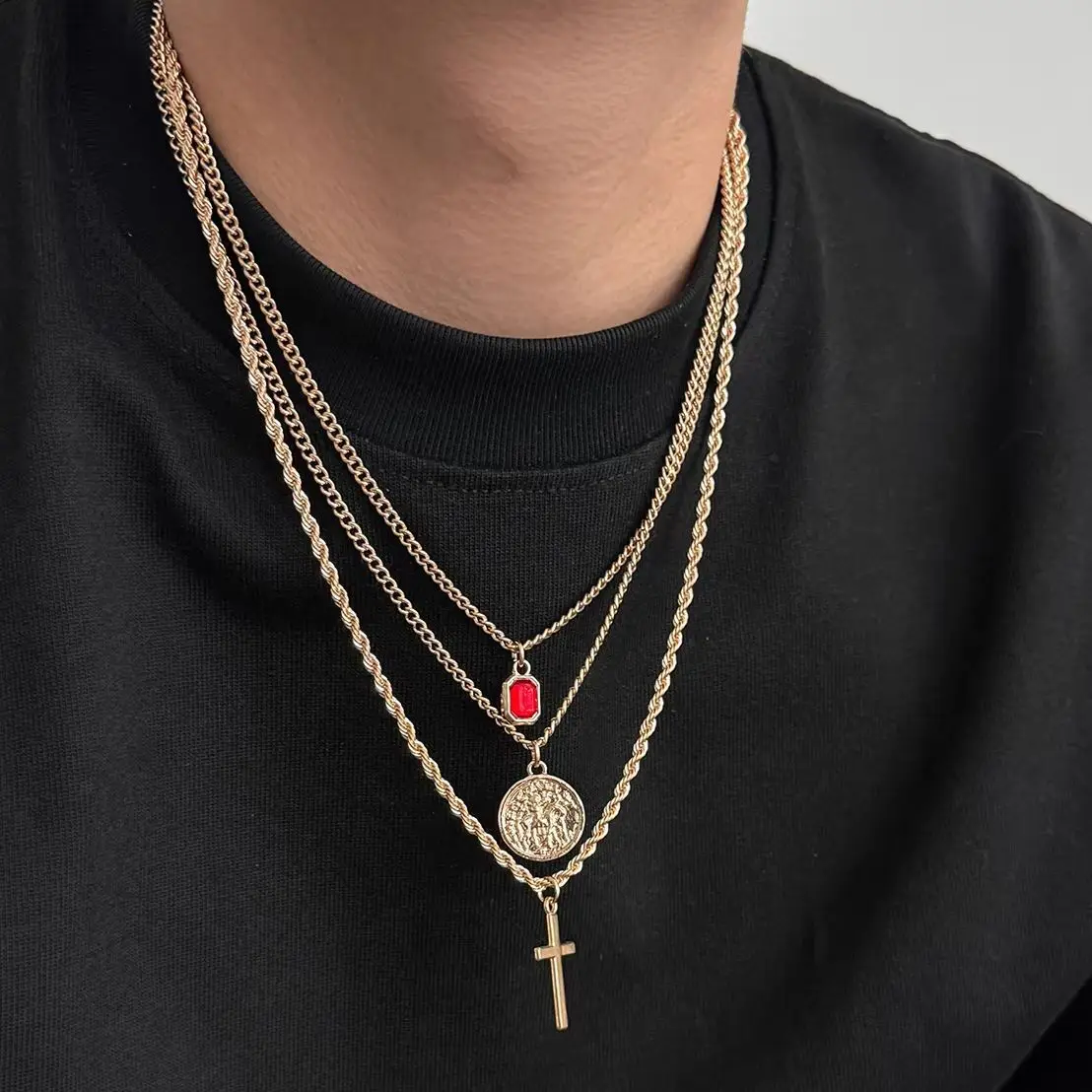 KunJoe 3Pcs/Set HipHop Punk Red Square Cross Texture Round Pendant Necklace Men Trendy Adjustable Gold Color Twist Chain Jewelry