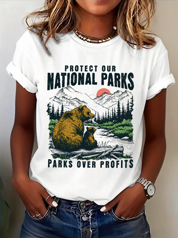 ilstile National Parks Bear Parks Over Profits Bear Print T-Shirt Women Casual Protect Our Parks Outdoor Daily Wear Tee