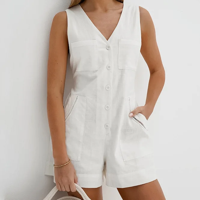 Women Clothes Cotton Linen V Neck Sleeveless Casual Romper 2024 Summer New Girls Fashion Casual Solid Color Simple Romper