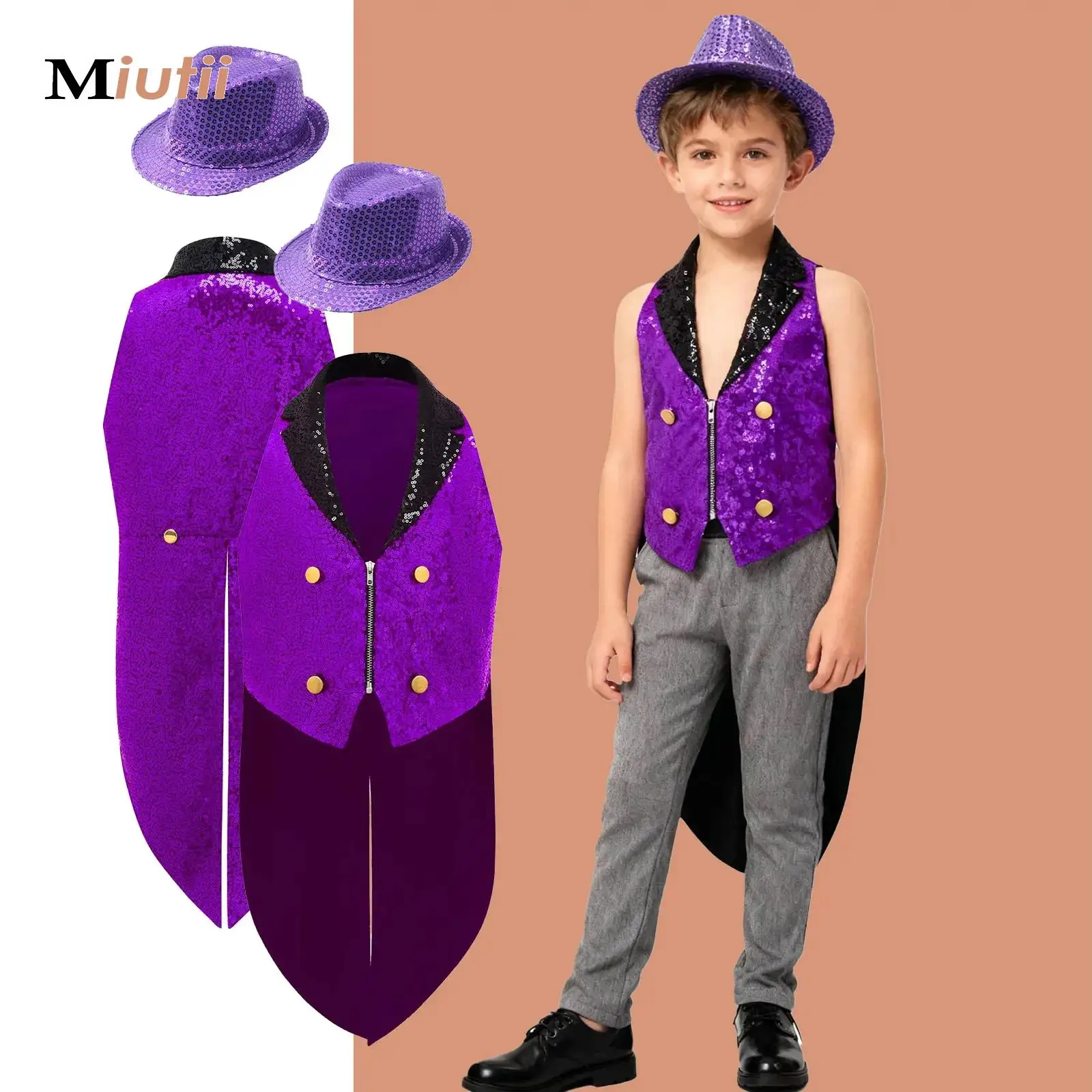

Boys Girls Ringmaster Circus Showman Costume Lion Tamer Jacket Tailcoat Coat + Hat Halloween Carnival Cosplay Jazz Dance Outfits