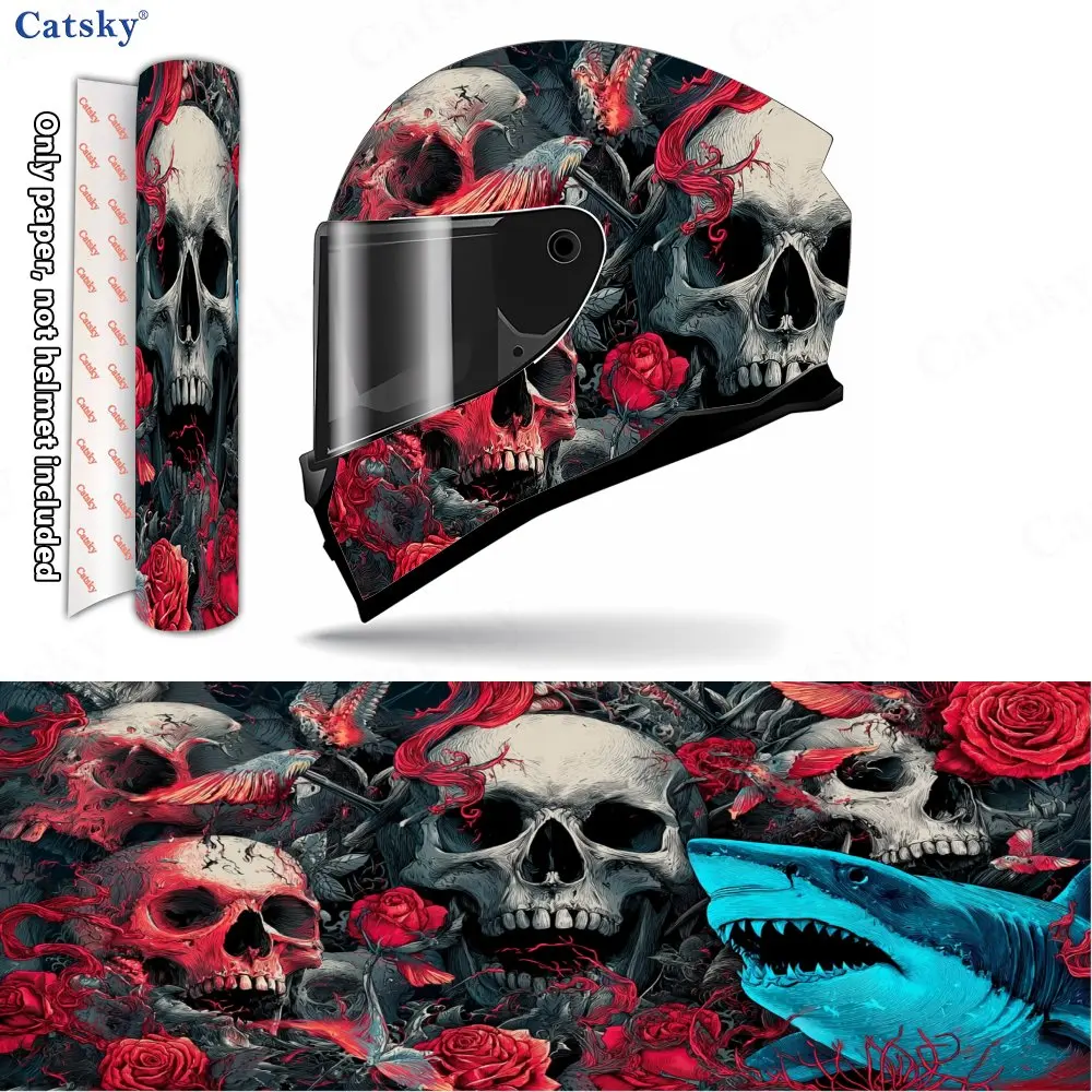 

Frenzied Shark Skeleton Shadow and Red Rose Helmet Vinyl Wraps, Waterproof Scratch-Resistant Full Face Helmet Decals, Durable PV