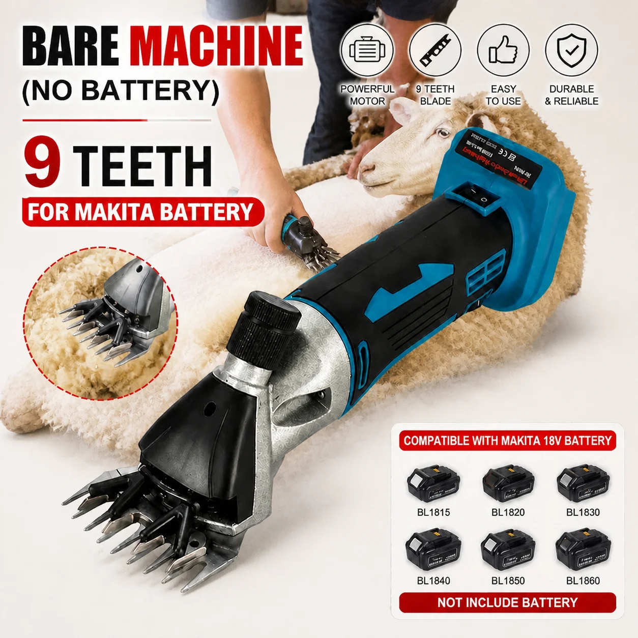 HILDA Cordless Electric Sheep Shears Bare Machine No Battery 9 Teeth Blade Wool Clipper Goat Alpaca Farm Shearing Machine