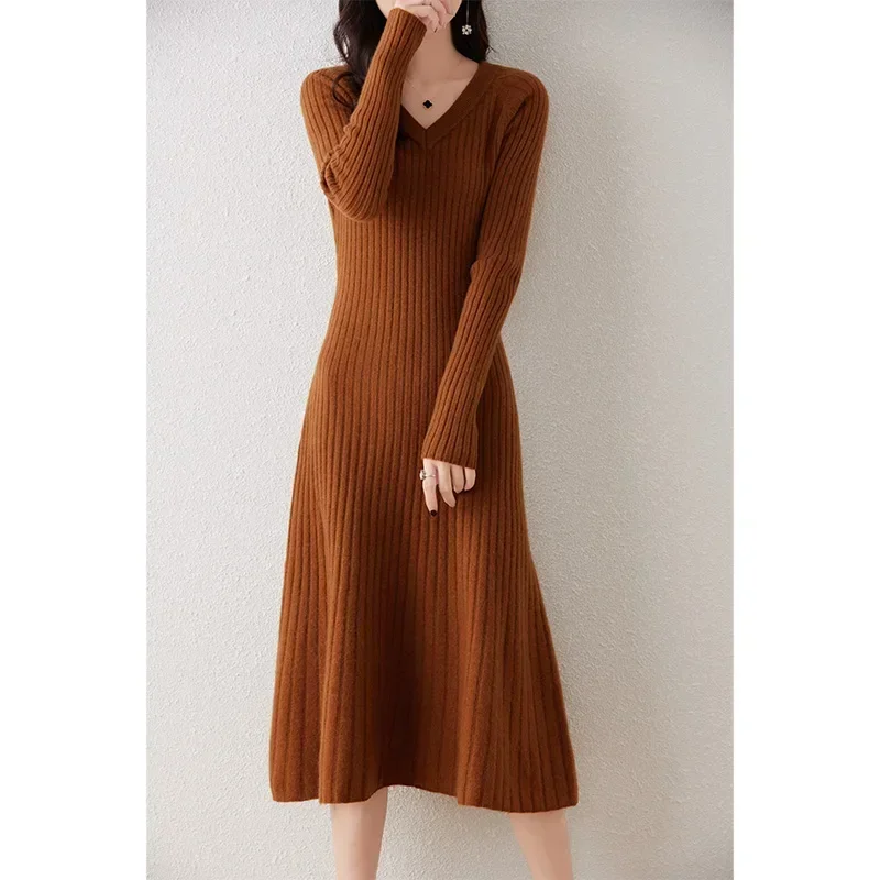 2023 Autumn Winter High Elasticity 100% Wool Sweater Dress Women Thicken Warm Slim Dresses Female Casual Basic Knitted Pullover