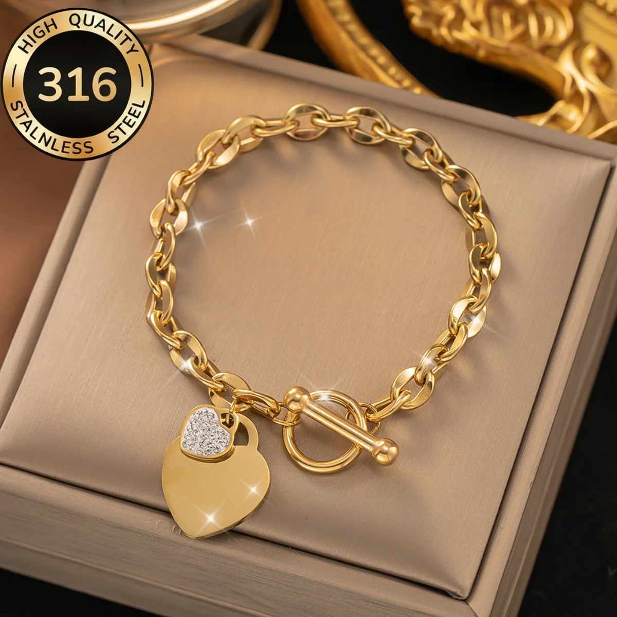 316L Edelstahl vergoldet 18K Herzanhänger Romantisches Armband für Damen Mädchen Neuer Trendiger Handgelenkschmuck Geschenk Party