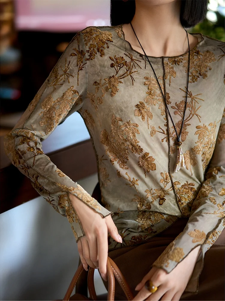 Gold Embroidered Long Sleeve Flocking Mesh Base Shirt Ancient Elegant Rich Girl's Shirt Breathable Comfortable Women's T-shirt