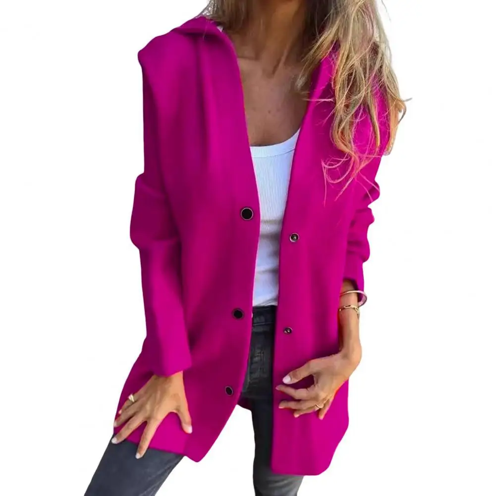 Casual Solid Color Straight Women\'s Jacket Women Coat Hooded Thick Pockets Loose Cardigan Mid Length Outdoor Overcoat