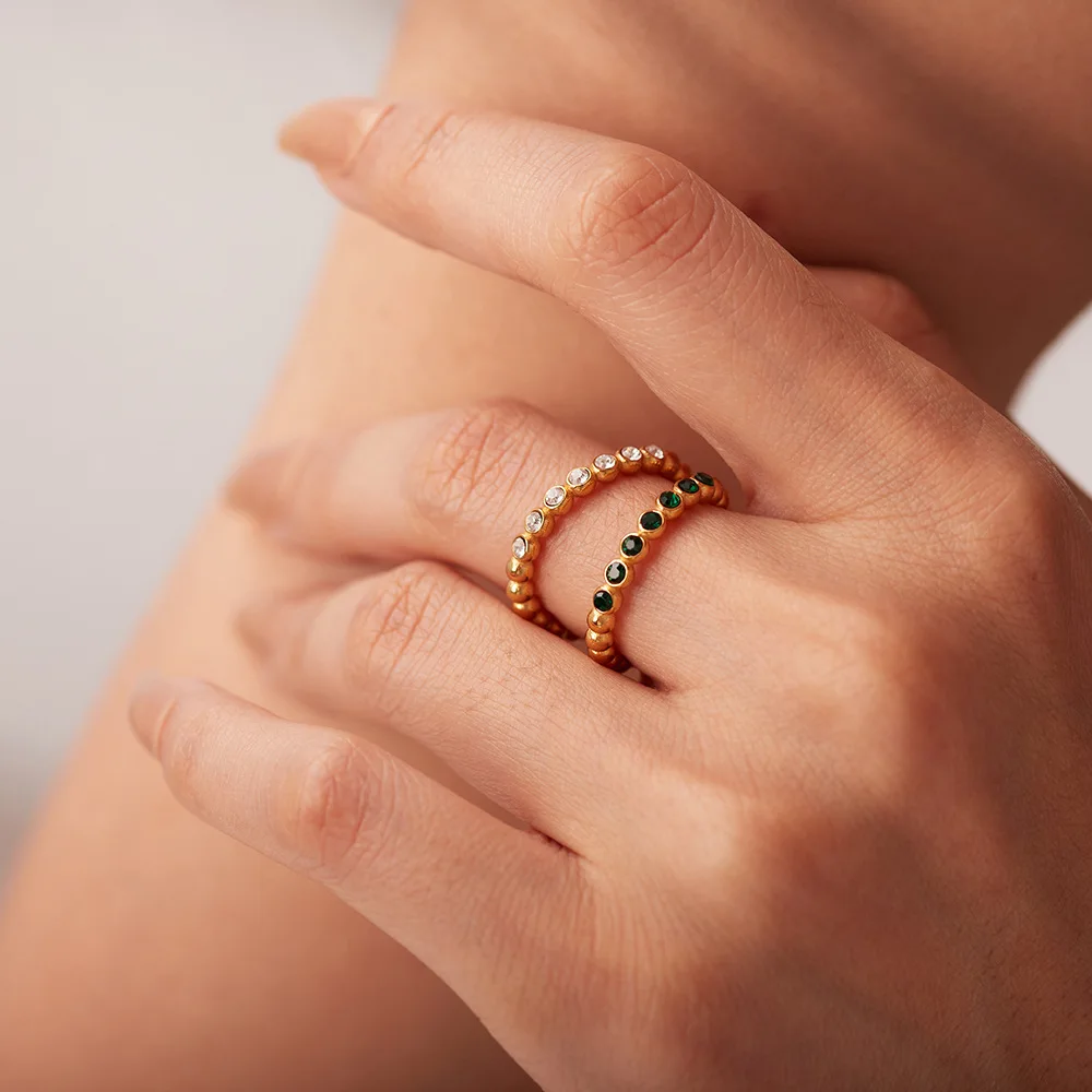 Minimalist Metal Beads Ring Stainless Steel PVD 14K Gold Plated Colorful Stone Paved Bypass Open Ring Chic Fashion Jewelry Gift