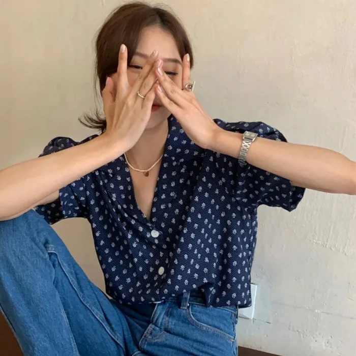 

Retro Polka Dot ort Sve irt Women's Summer Chic Casual Loose Versatile Ele Top V Ne Bubble Sve Regular Length