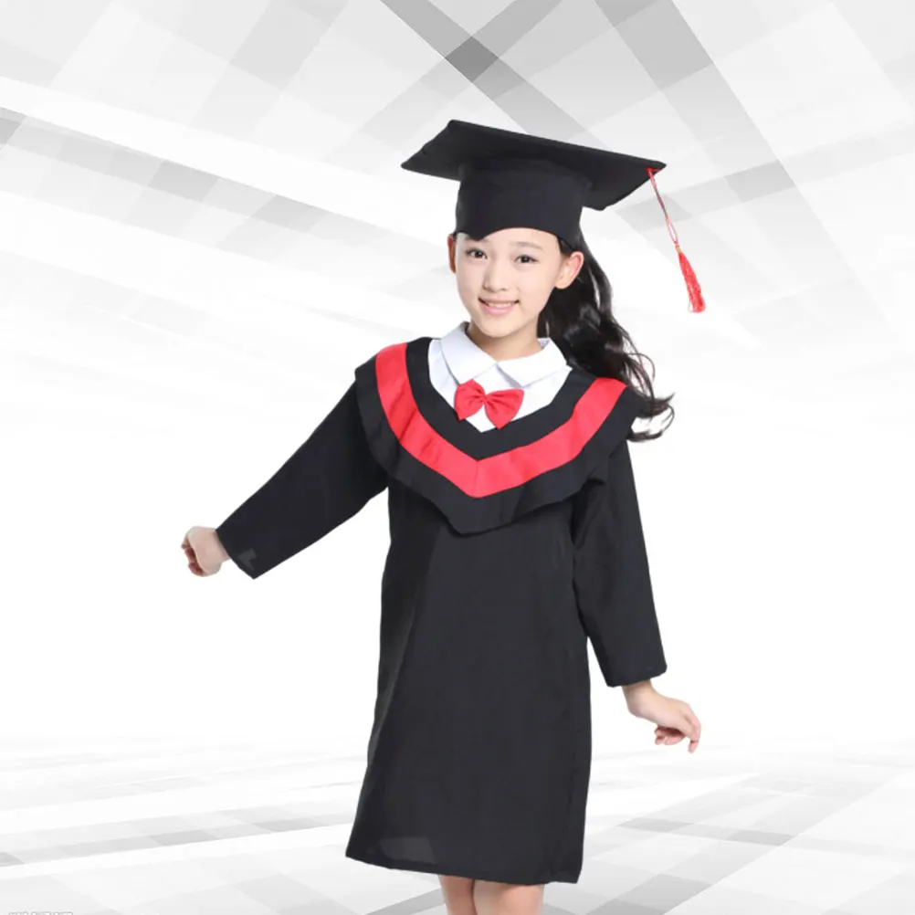 1개입 어린이 졸업 가운 세트, 태슬 캡 포함, 학교 졸업식 가운 세트, 파티 의상, 스톨 드레스 (빨간색 140cm)