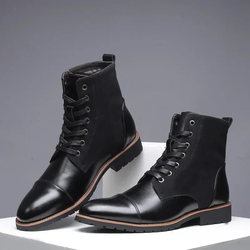 Botas informales de cuero para hombre, botines de encaje, Color sólido, talla grande, nuevo diseñador, moda, Otoño e Invierno