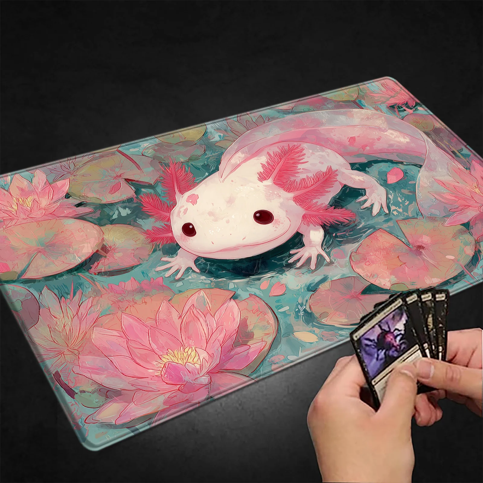 Pink Axolotl Surrounded By Water Lilies Design Magic Party Game Mat Durable Rubber Games Mouse Pad Offices Desk Mats