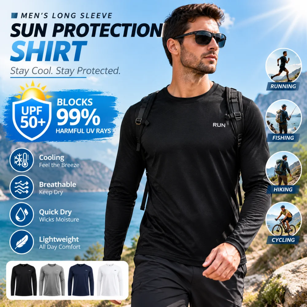 2026 Men's UPF50+ UV Protection Long Sleeve Shirt Lightweight Quick Dry Breathable Outdoor Running Fishing Hiking Sportswear