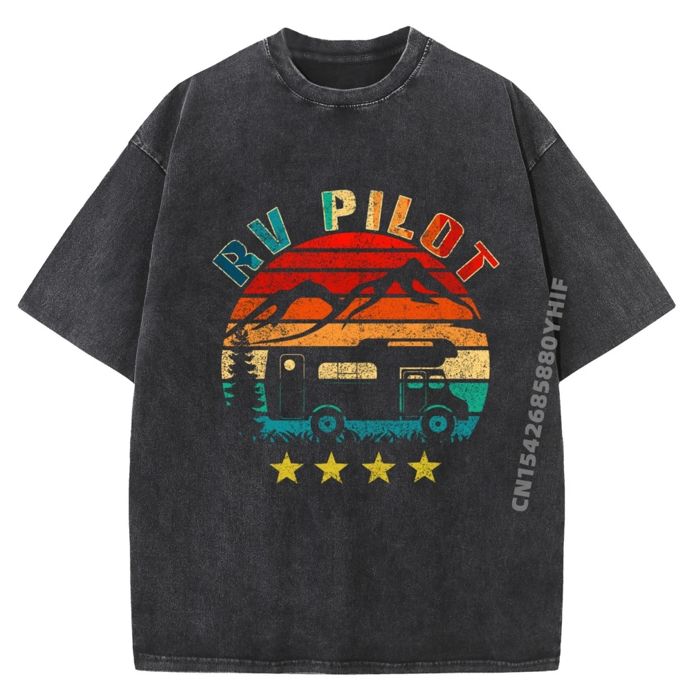 

RV Pilot Camping Забавные винтажные обычные топы и футболки Мужская футболка Футболки с рисунком Мужская винтажная стираная одежда