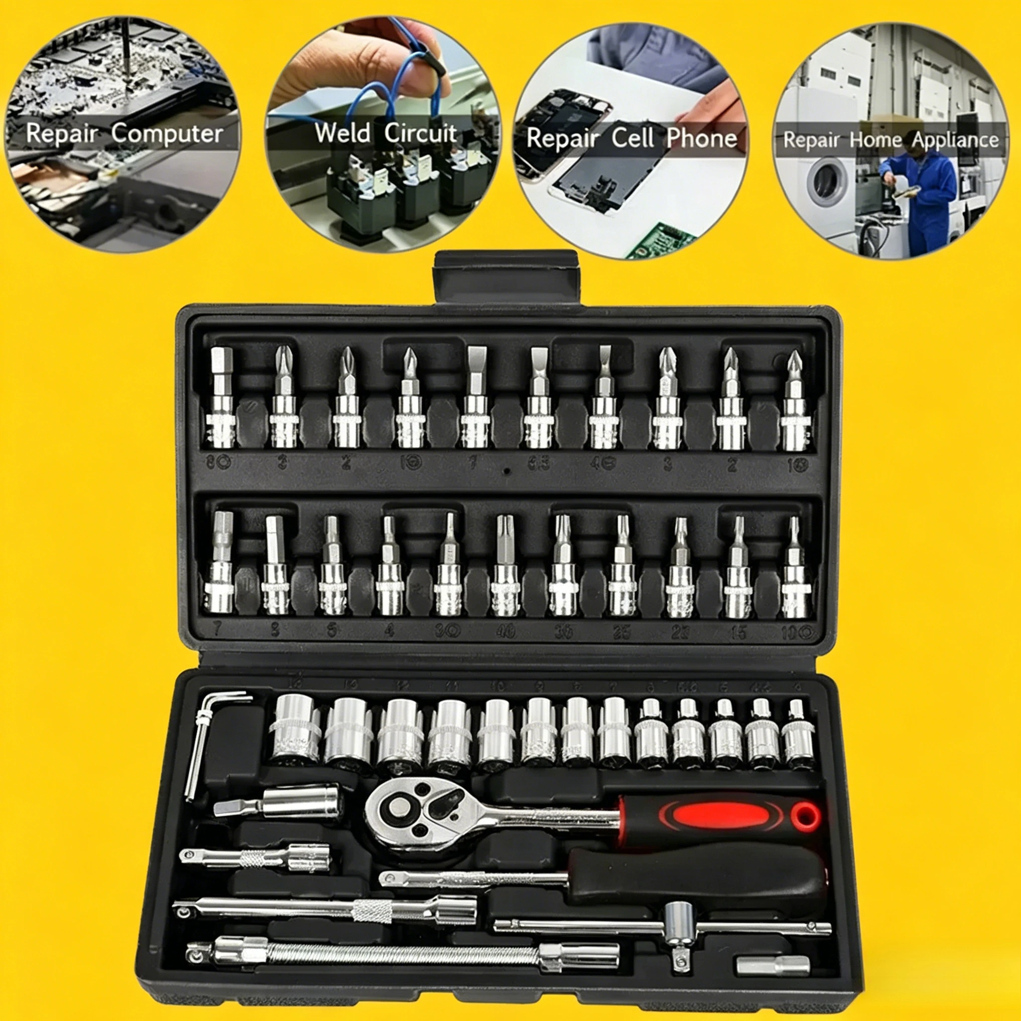 

46 PCS Professional Auto Repair Tool Set, 1/4-Inch Drive Socket Set, Ratchet Wrench, Metric Mechanical Tool Set, Auto Parts