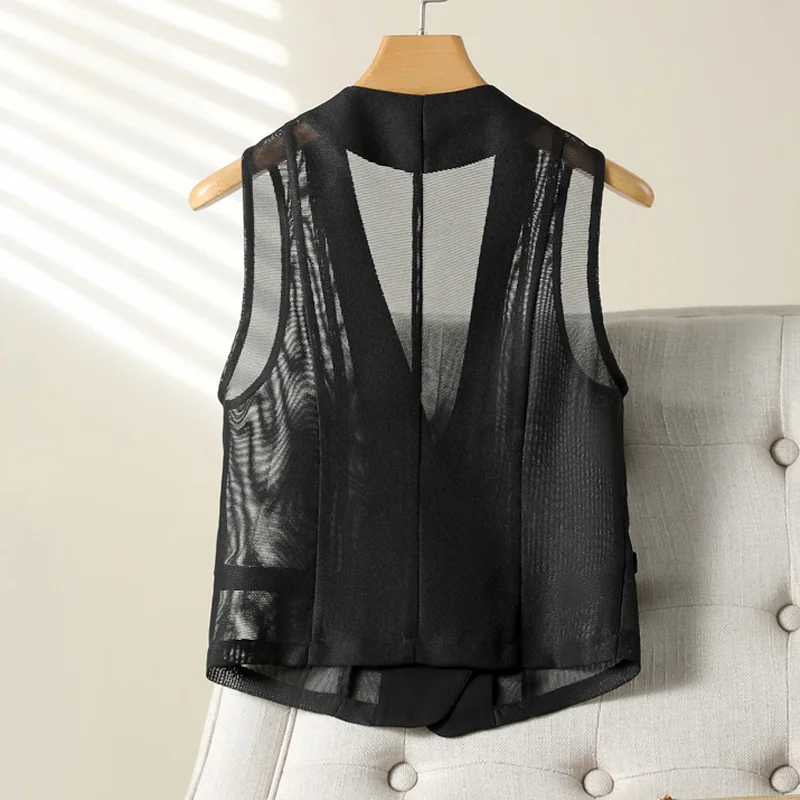 Summer Thin Sheer Short Sleeveless Jacket For Women See Through Black Mesh Waistcoat Elegant Lady Hollow Out Cover Up Suit Vest