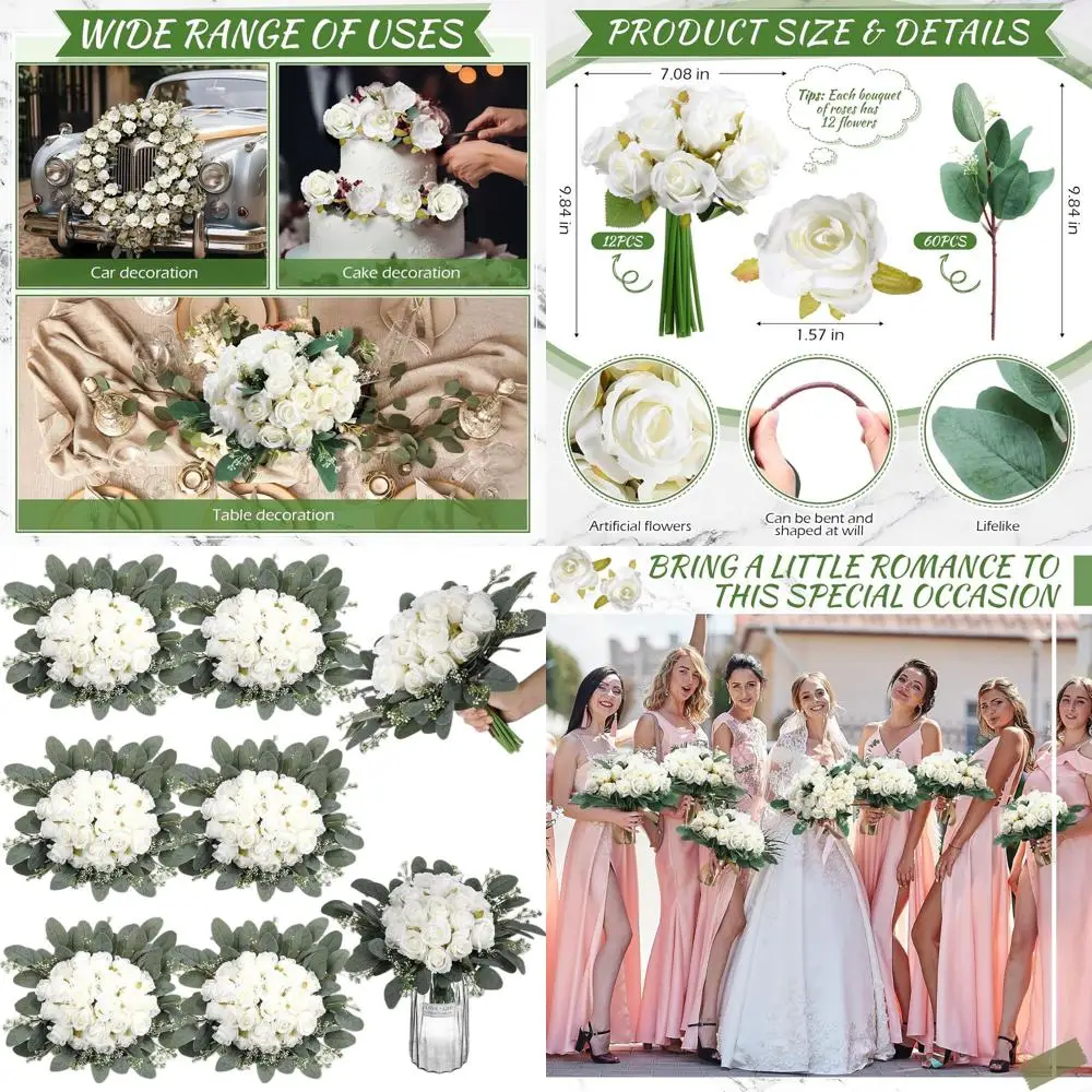 

7 Inch White Artificial Rose Bouquets with 144 Heads for Weddings, Bridal Showers, and Home Decor