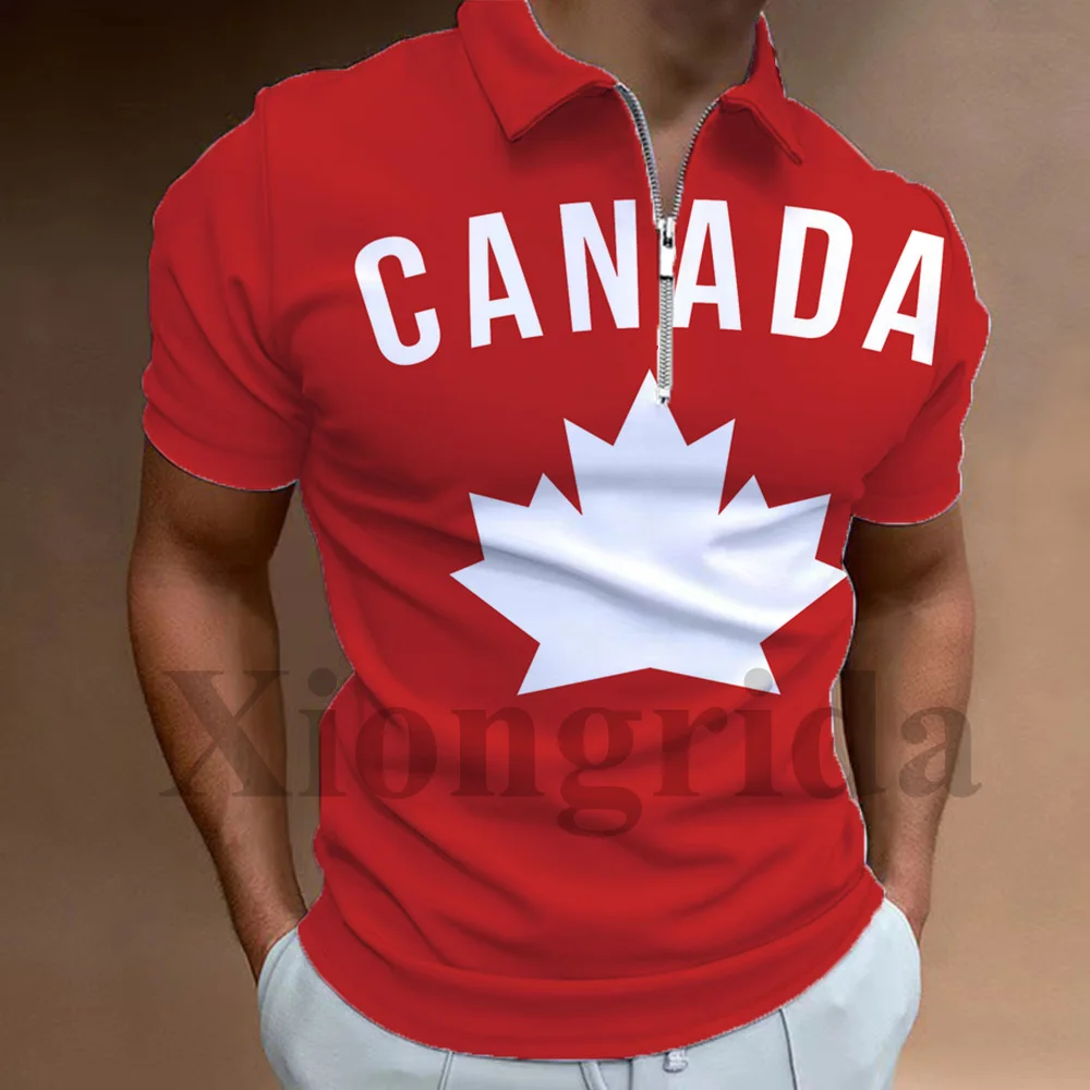 

Canadian Flag Graphic Polo Shirts Men Canada Maple Leaves 3D Printed Zip Neck T shirts Casual Sports Tees Streetwear Top S-5XL
