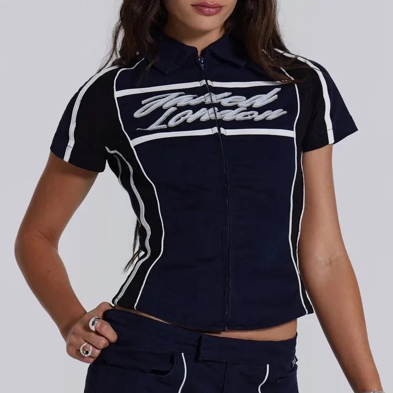 

Women's Retro Y2K Motorcycle Style Printed Color Contrast Zipper T-shirt, Side Striped Short Top, Slim Fit, Slimming, Sweet Girl