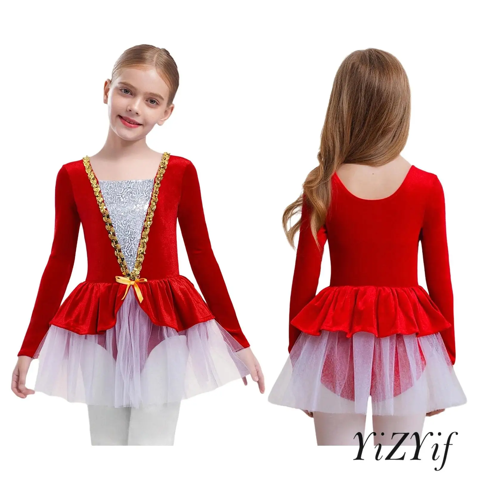 ชุดเต้นรำบัลเลต์สำหรับเด็กผู้หญิง ชุดแสดงฟิกเกอร์สเก็ต แขนยาว ผ้ากำมะหยี่ต่อผ้า ชุดกระโปรงบัลเลต์แบบยาว ชุดเต้นรำลีริคอล บัลเลต์ แจ๊ส