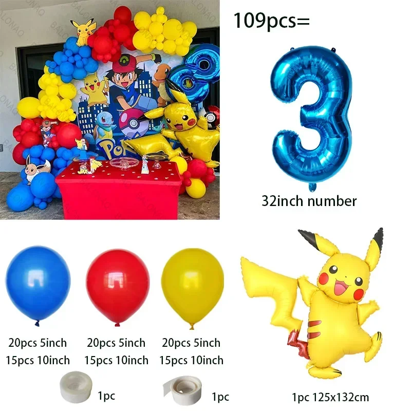 109 Stück Pokemon Pikachu Thema Geburtstagsballon Stehend Pokemon Babyparty Globos Kinder Erster Geburtstag Dekorationszubehör