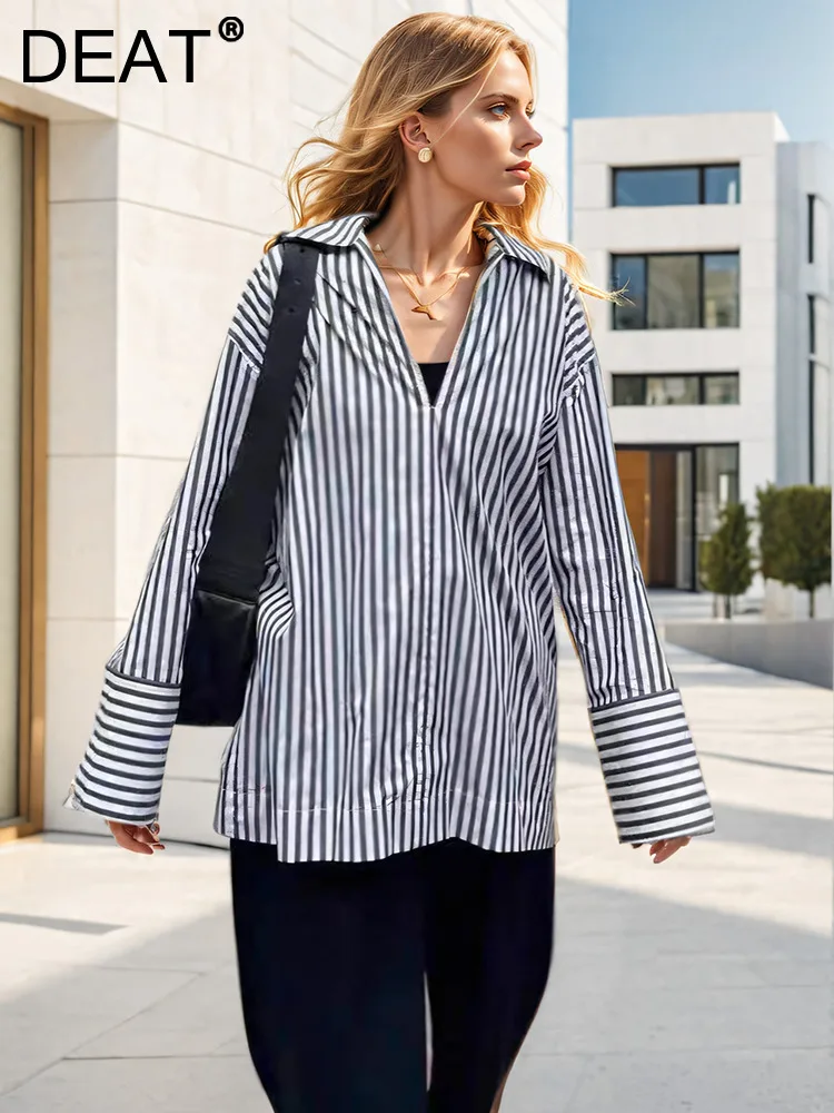 DEAT Fashion Women\'s Shirt Lapel Loose Fit  Long Sleeve Vertical Stripe Versatile Blouse Female Autumn 2024 New Tide 7AB4805