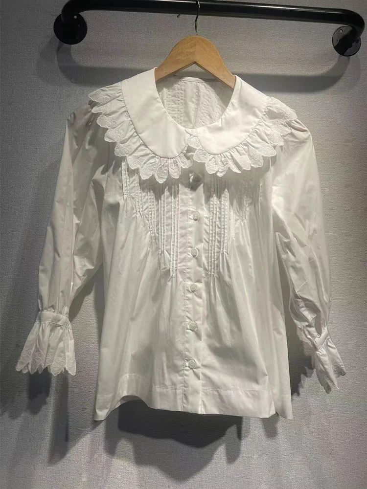 Cotton Female Three Quarter Puff Sleeve Blouse Ruffles Embroidery Peter Pan Collar Women White Shirt 2024 Spring Summer