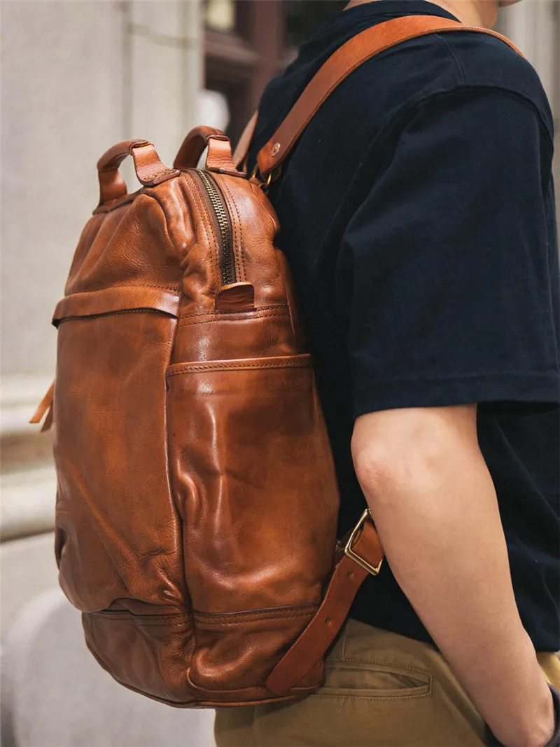 

Vintage luxury genuine leather men's backpacks designer simple casual high-quality real cow leather women's travel schoolbag