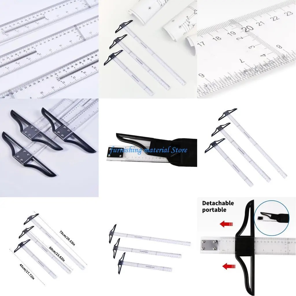 

Y5GD 3Pcs Removable T Rulers Engineering Measuring Tool Clear Scale NonSlip Grip