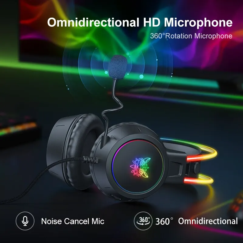 ONIKUMA-auriculares X15 Pro para videojuegos, cascos por encima de la oreja con cancelación de cable, orejas de gato rosas, luz Rgb con micrófono para PC y PS4