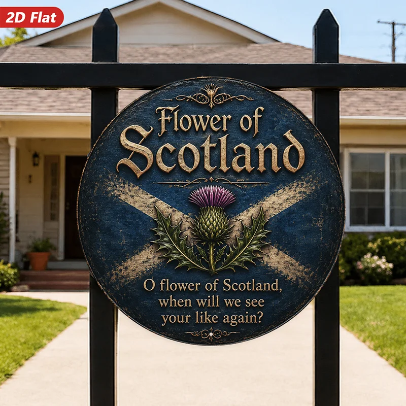 2D Flat, 1pc Scottish Thistle Tribute Round Metal Sign Wall Art, Flower of Scotland Text, Home Decor, Purple Thistle Bloom, Blue