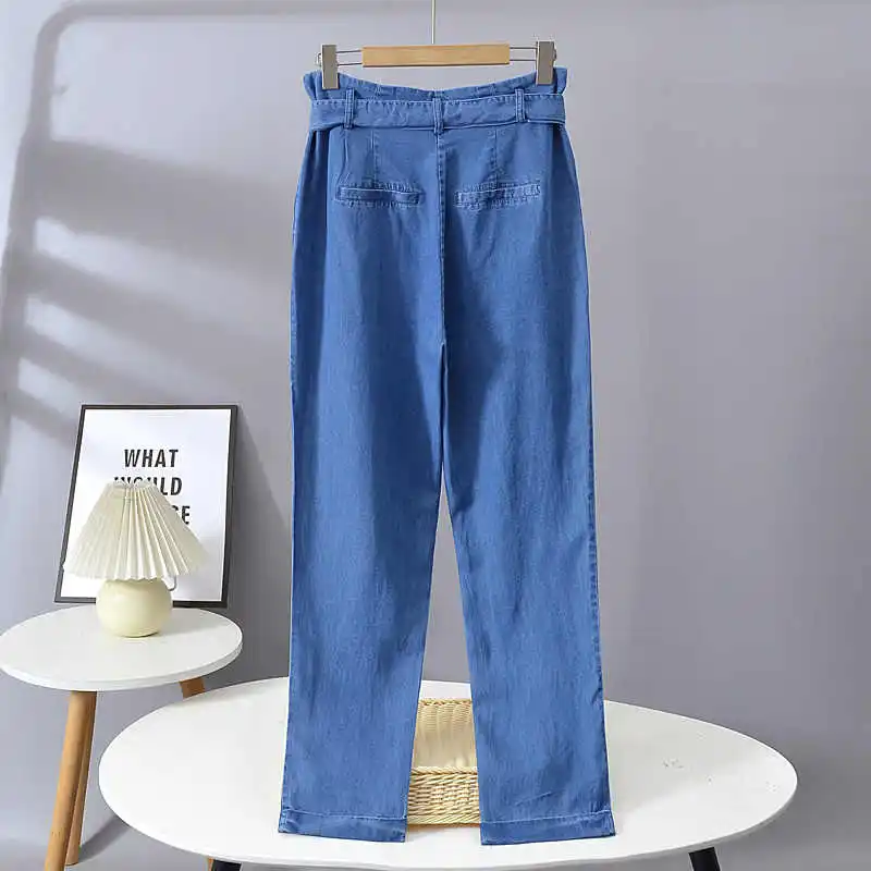 Pantalones vaqueros de seda de hielo azul para mujer, pantalones Harun holgados de cintura alta con lazo y cordones, pantalones vaqueros holgados informales de gran tamaño S-3XL