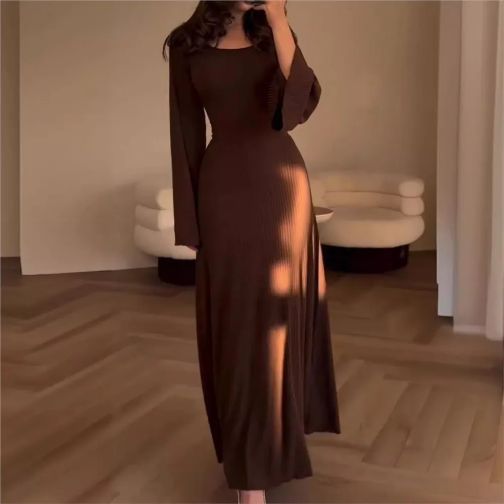 Fashion Solid Ribbed Back Lace-Up Straps Maxi Dress Female Long Sleeve Slim Bandage Spring Autumn Women Dresses 2024 New Color