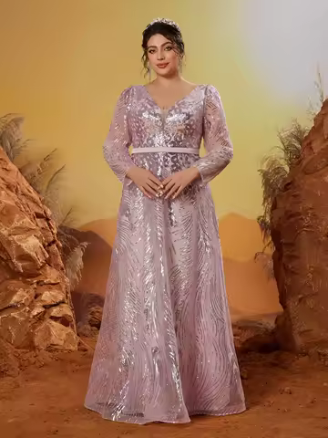 Mgiacy New Arrival V neck Noble Large size Evening gown dress Sequin belt Long dress