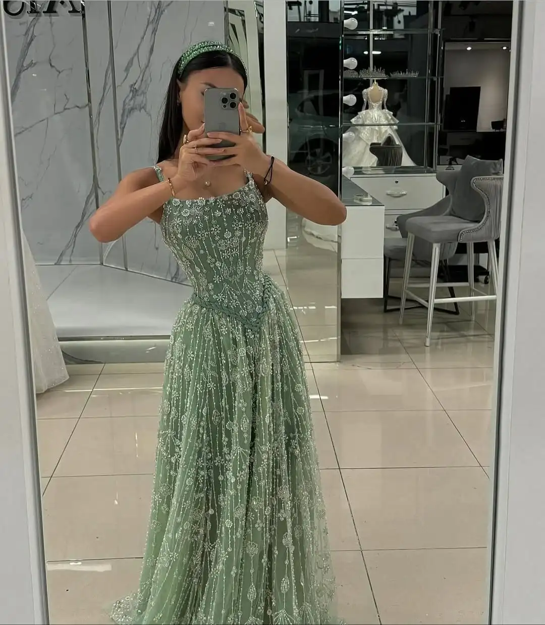 

Design Trend A Line Embroidery Spaghetti Strap Beaded Floral Detail Tulle Fabric Floor Length Evening Prom Formal Party Gown