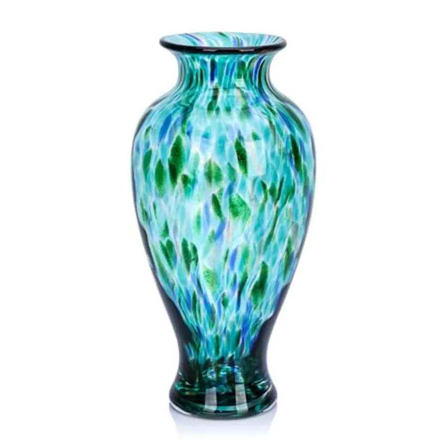 

Hand Blown Glass Vase 11.8" Tall Beautiful Sea Wide Mouth Bud Vase for Table Centerpiece, Painted Colorful Murano Glass Flower