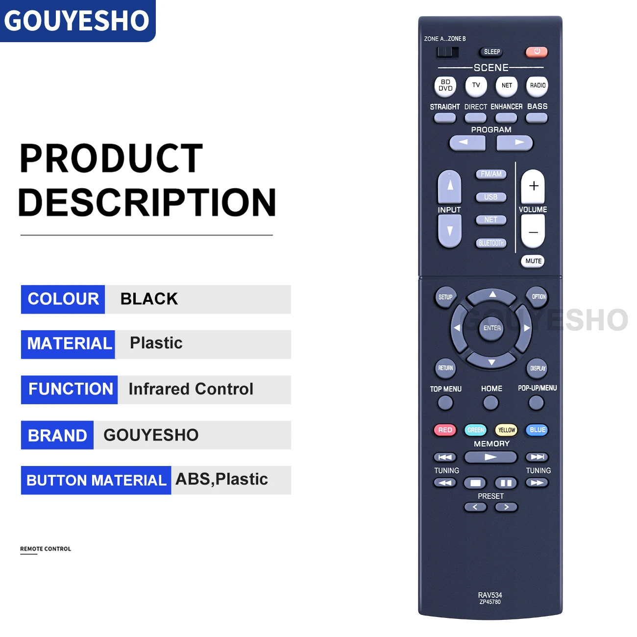 RAV534-ZP45780 telecomando per ricevitore Yamaha AV RX-V485 RX-V479 RX-V579 HTR-4068 RX-V481 RX-V581