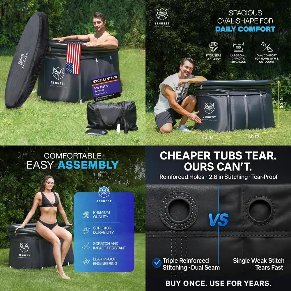 

upgraded xxl 150 gal oval ice bath tub with cover - portable cold plunge tub for athletes, ultra-firm 6-layer insulated inflatab