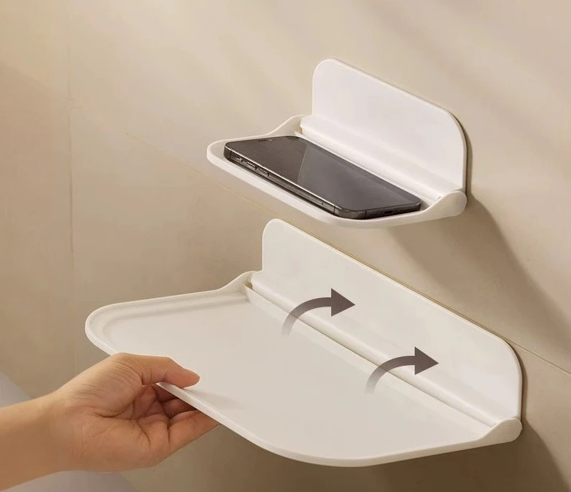 Foldable Wall Mounted Shelf Punch-Free Plastic Floating Shelf Bathroom Phone Holder Wall Storage Rack for Toilet Kitchen 1/2Pcs