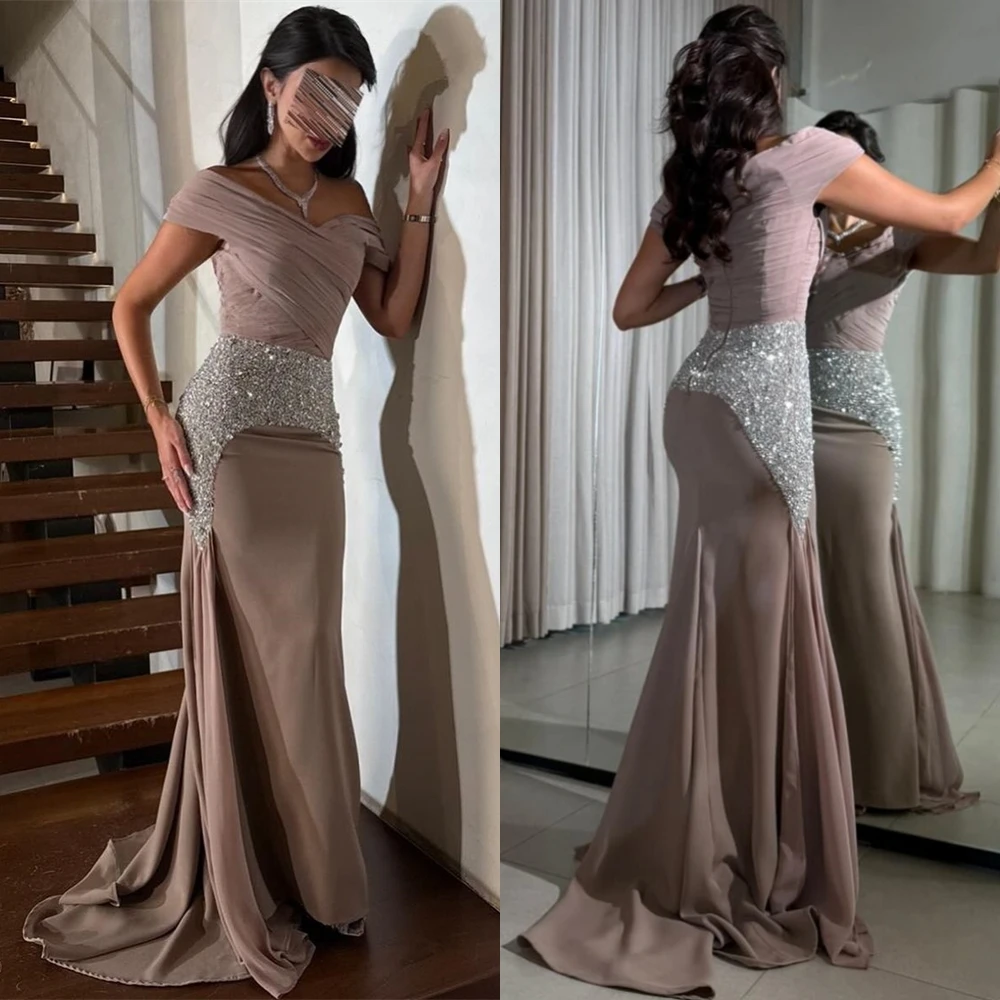 Customized Luxury Jersey Evening Dress Exquisite V-Neck Prom Dresses Temperament Mermaid Short Sleeves Special Occasion Gowns