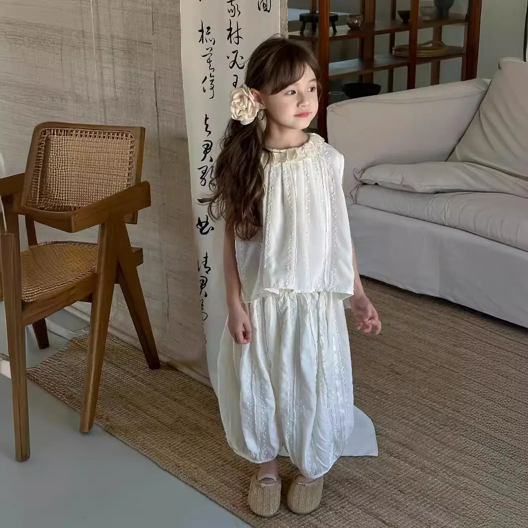 Girl Clothes Suit Korean Style Children Wear 2024 Summer Girl Lace Collar Sleeveless Top and 9-point Trouser Suit Two-piece Set