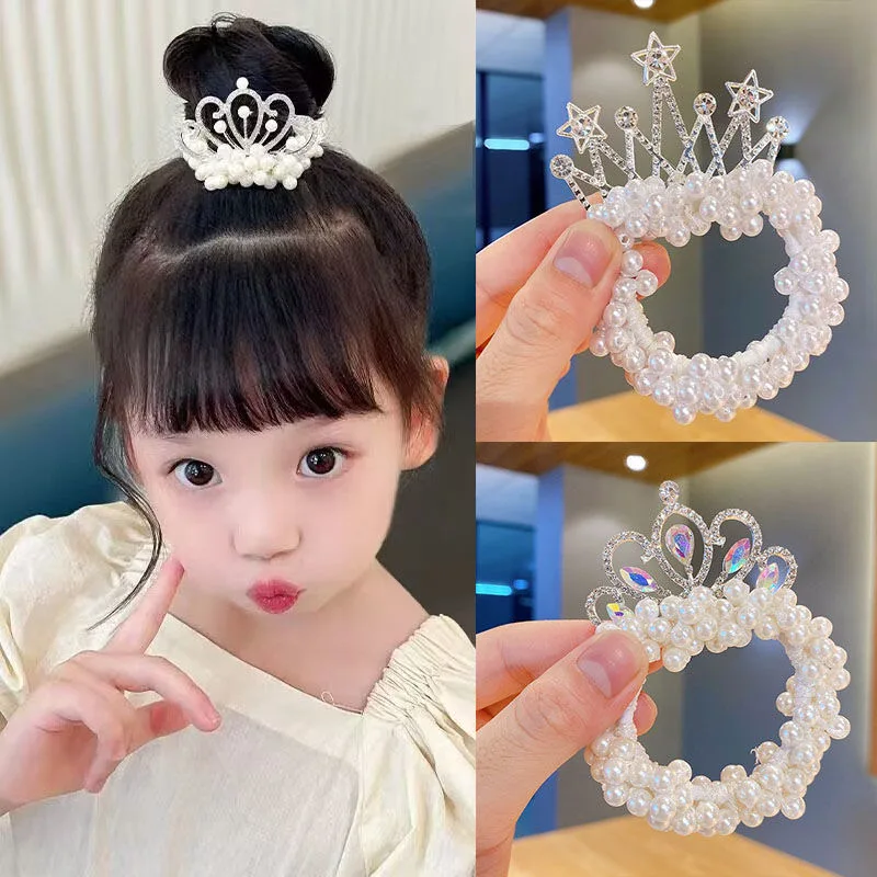 2PC Fashion Pearl Crown Princess Hair Bands Elastic Rubber Bands Children Ball Hair Bun Ties Hair Styling Accessories