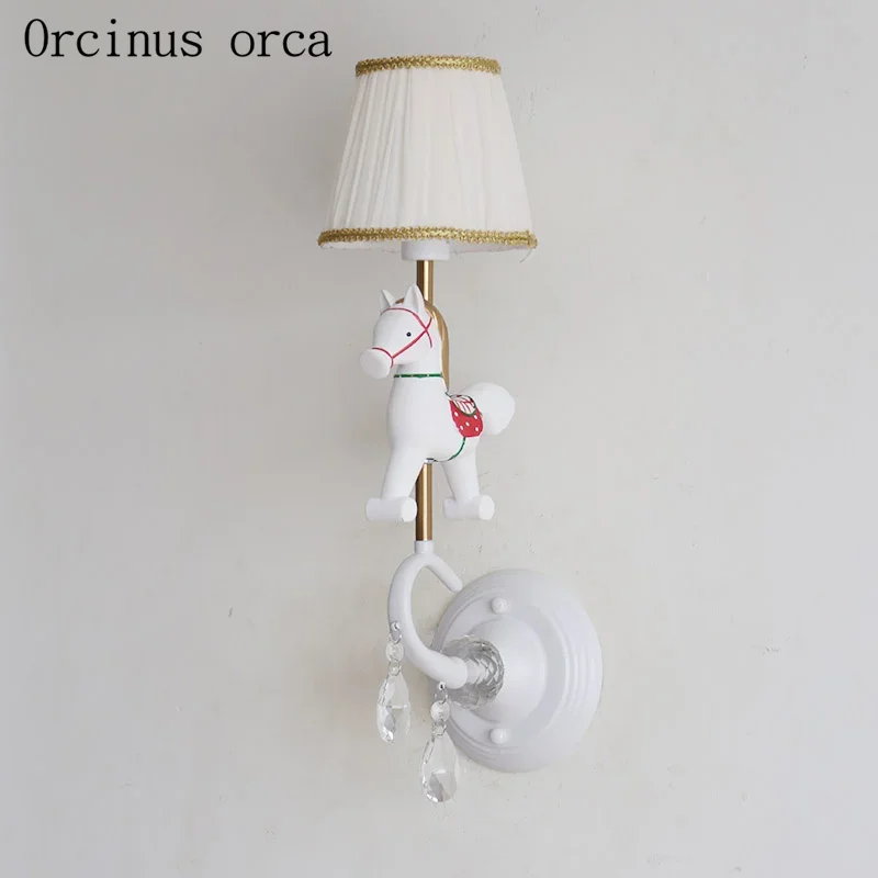 Cartoon creative merry go round wall lamp corridor Boy Girl Bedroom bedside lamp American garden horse crystal wall lamp