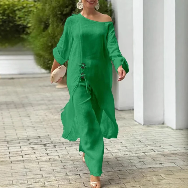 

Lady Diagonal Collar Long Sleeved Top and Pants Casual Suit Spring Summer Street Loose Office Set Simple Solid Irregular Outfit