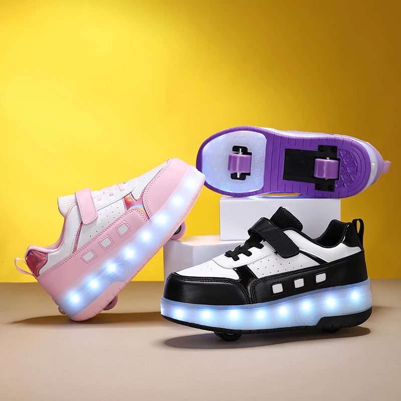เด็ก 2 ล้อ Roller Skate รองเท้าแนวโน้มรองเท้าเด็กผู้หญิงพร้อมไฟ LED Retractable เด็ก Dual-Purpose รองเท้าผ้าใบลําลอง