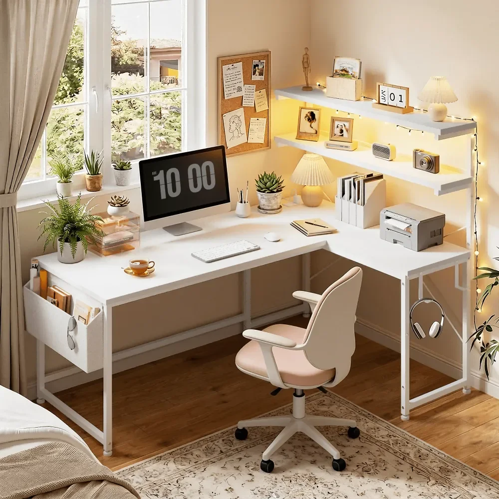 43.3 Reversible L Shaped Computer Desk Home Office Desk Gaming Desk With LED Light Power Outlet Storage,White