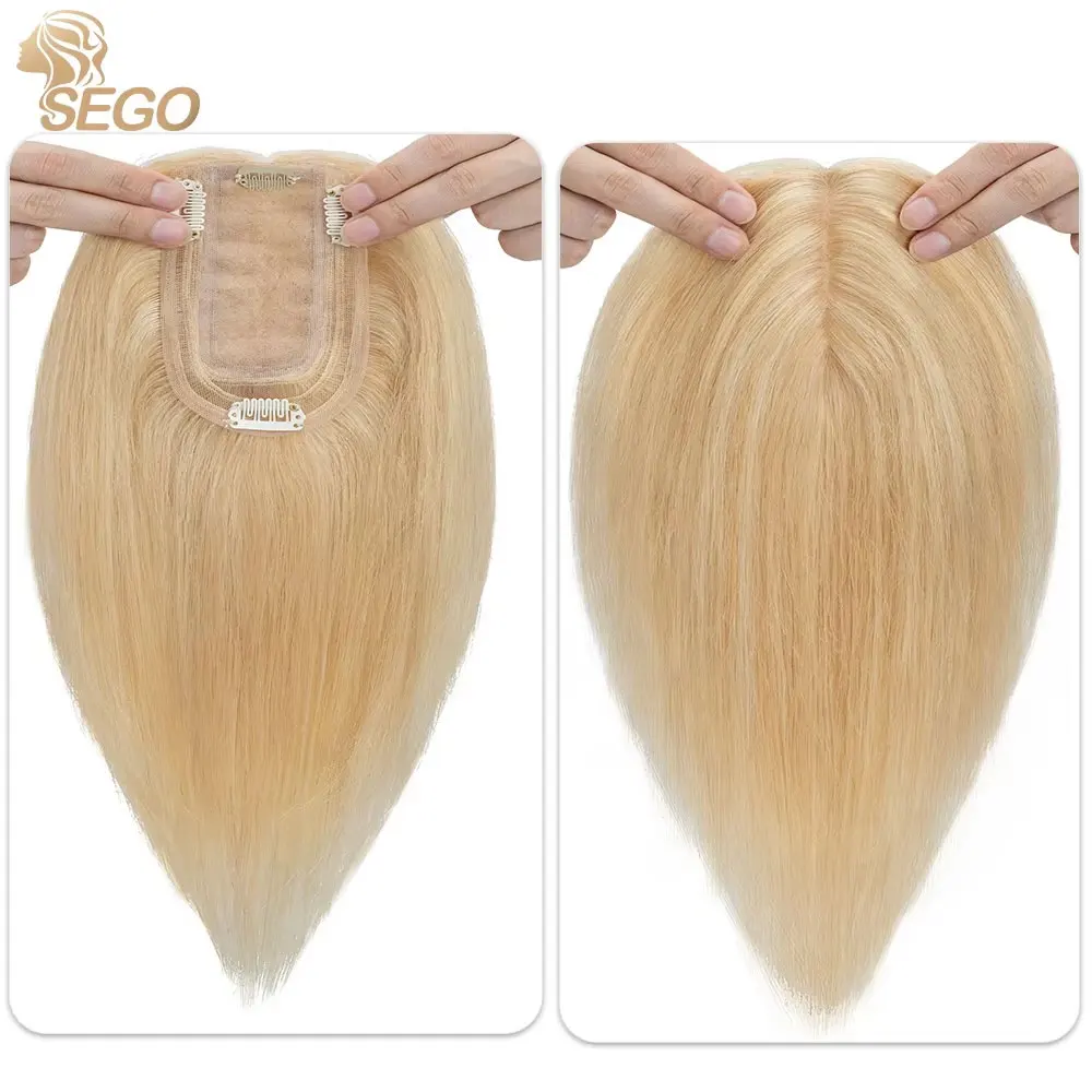SEGO Kopfhaut-Topper aus 100 % Echthaar-Seide für Frauen mit dünner werdendem Haar, 7 x 13 cm, Seidenbasis, natürliches Haar, Clip-in-Top, Wiglet-Haarteile – Detail 2