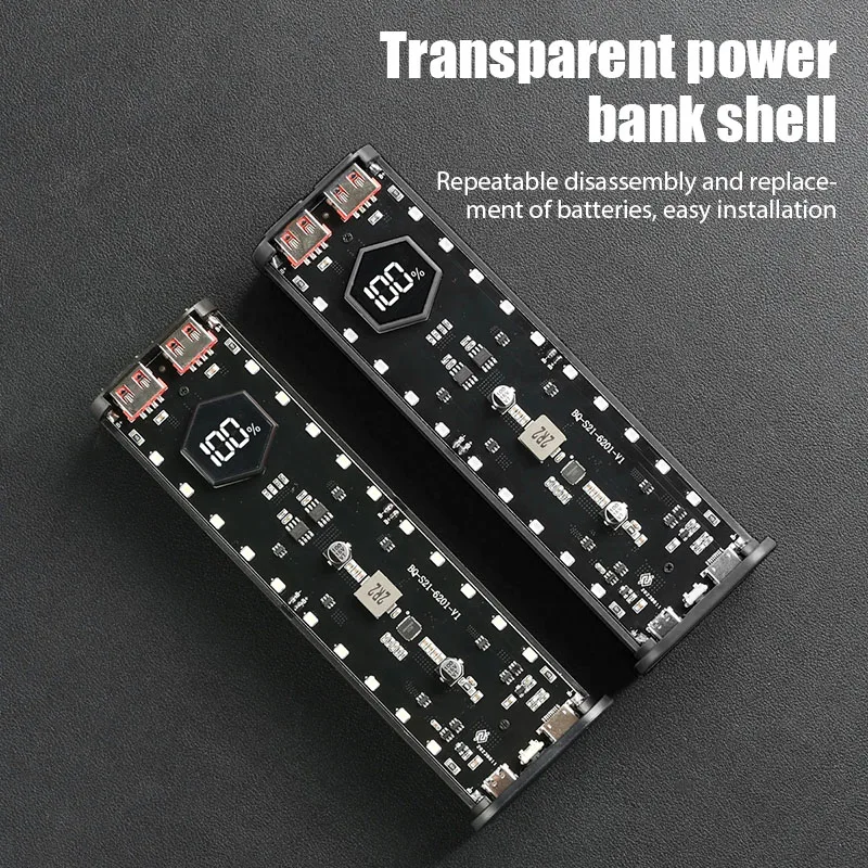 Transparent 4-Port 22.5W Fast Power Bank Solder-Free 4-Cell 21700 Battery Case Portable PD Battery Storage Box with OutdoorLight